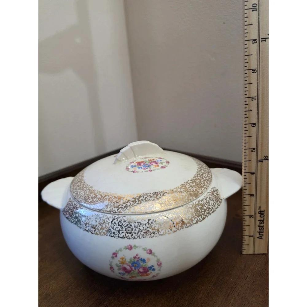 Vintage Paden City Pottery Bak-Serv Lidded Tureen Casserole Dish 22K Gold 1930s